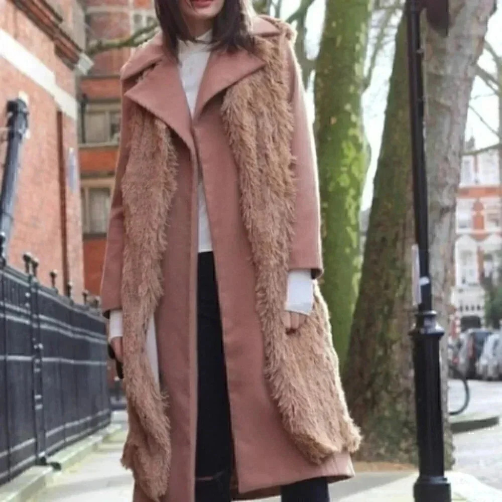 LONG DUSTY PINK FAUX FUR VEST, LINED, OPEN FRONT